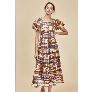 Hunter Bell‎ Cassidy Midi Dress Skyline Print Vibrant Orange & Blue Size 8